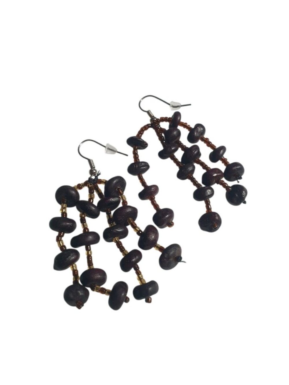 Handcrafted Beaded Dangling Earrings Brown Black Seed Shapes Hook Style Jewelry